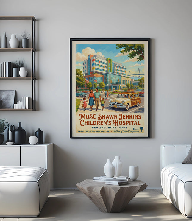 Poster of MUSC Shawn Jenkins Children's Hospital with family and car.