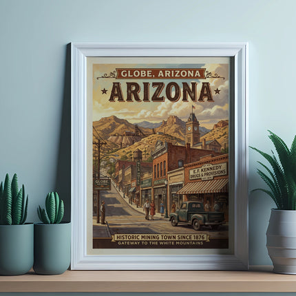 Vintage poster of Globe, Arizona, a historic mining town and gateway to the White Mountains.