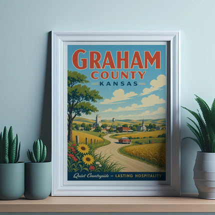 Graham County Kansas vintage travel poster with a red car on a country road.