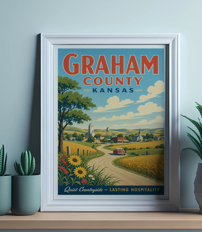 Graham County Kansas vintage travel poster with a red car on a country road.