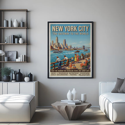 New York City Harbor poster with sailing boats and people enjoying a waterfront scene.