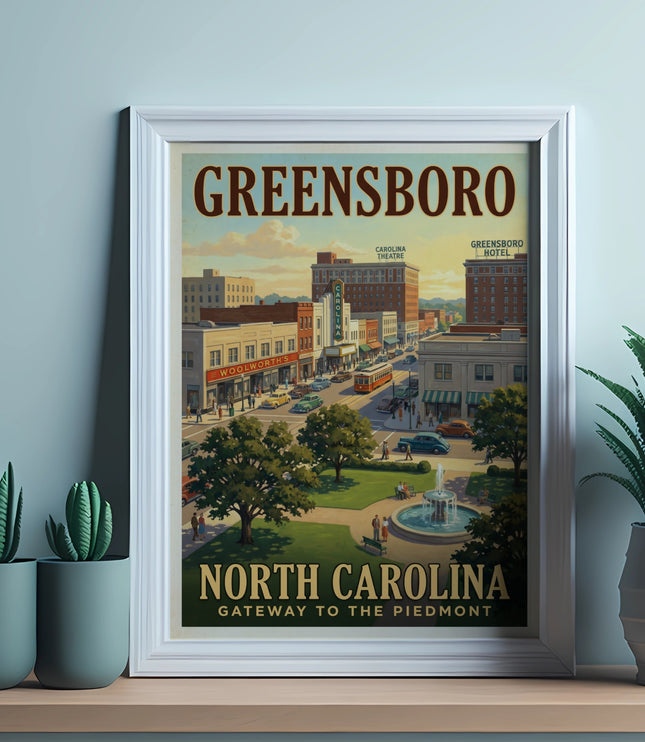 Greensboro North Carolina vintage travel poster with street scene and text.