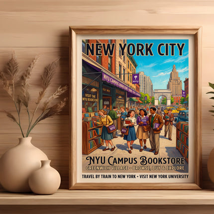 Vintage New York City poster advertising NYU Campus Bookstore, Greenwich Village.