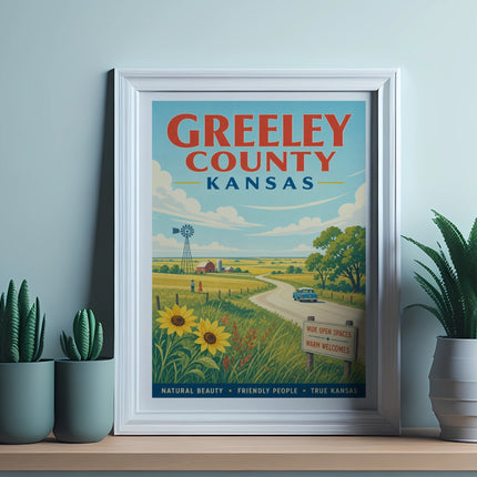 Greeley County Kansas poster with a windmill, sunflowers, and a road.
