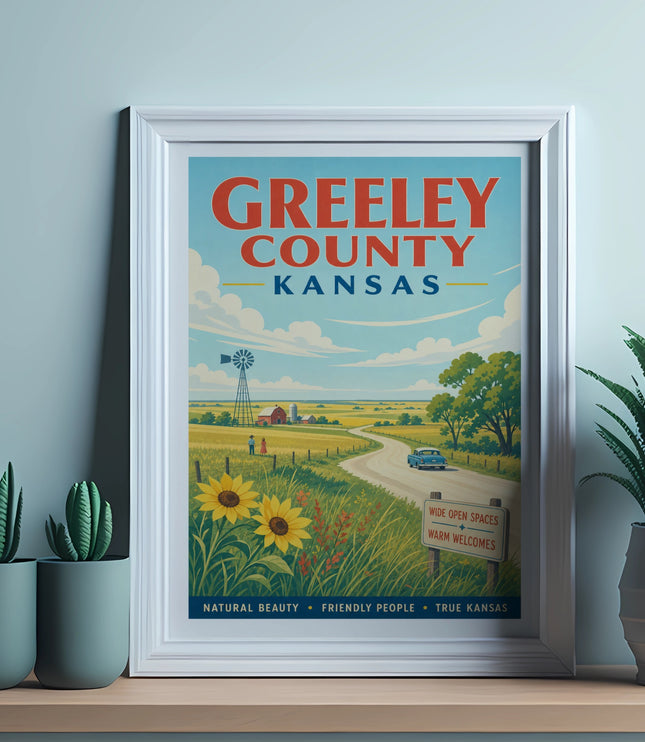 Greeley County Kansas poster with a windmill, sunflowers, and a road.