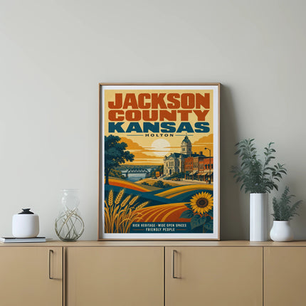 Poster featuring "Jackson County Kansas" and "Holton" with scenic landscape and sunflowers.