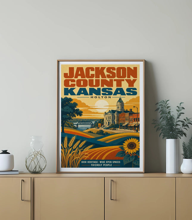 Poster featuring "Jackson County Kansas" and "Holton" with scenic landscape and sunflowers.