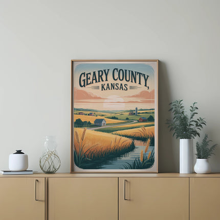 Artwork depicting Geary County, Kansas landscape with text.
