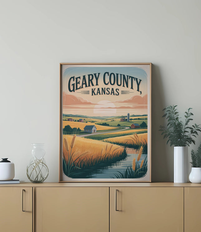 Artwork depicting Geary County, Kansas landscape with text.