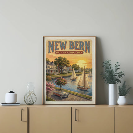Poster featuring "New Bern North Carolina" with sailboats, vintage car, and historic homes at sunset.