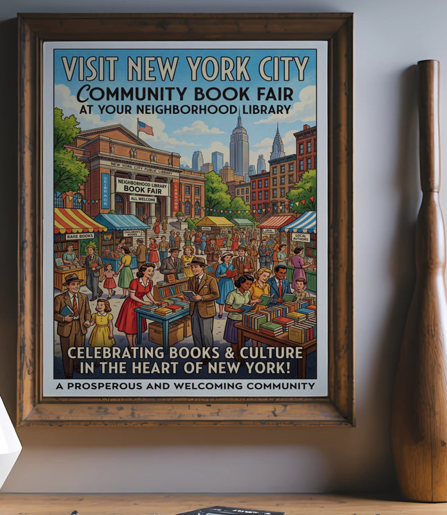 Vintage poster for New York City Community Book Fair at neighborhood library.