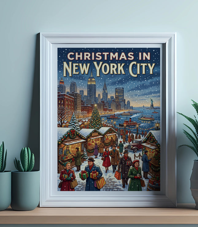 Christmas in New York City poster showcasing a bustling holiday market and city skyline.