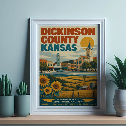 DICKINSON COUNTY KANSAS travel poster with Abilene and sunflowers.