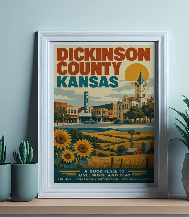 DICKINSON COUNTY KANSAS travel poster with Abilene and sunflowers.