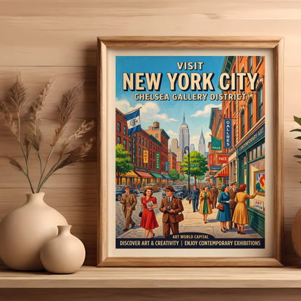 Vintage poster of New York City's Chelsea Gallery District with vintage cars and people.