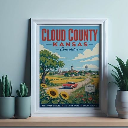 Cloud County, Kansas travel poster featuring a vintage car and sunflowers.