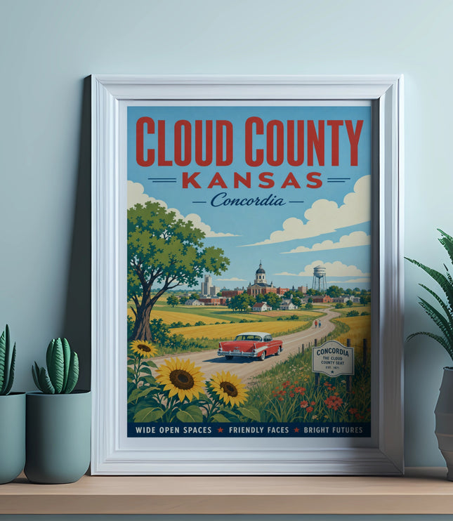 Cloud County, Kansas travel poster featuring a vintage car and sunflowers.