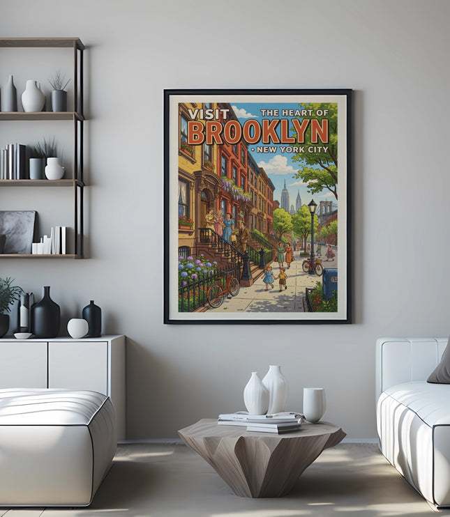 "Visit the Heart of Brooklyn New York City" retro poster on wall.