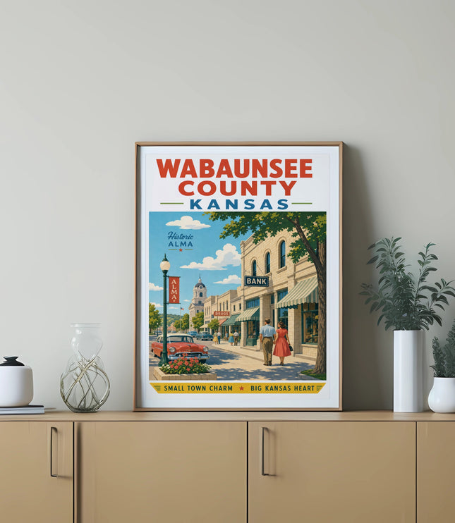 Wabaunsee County Kansas vintage travel poster featuring Alma and a classic car.
