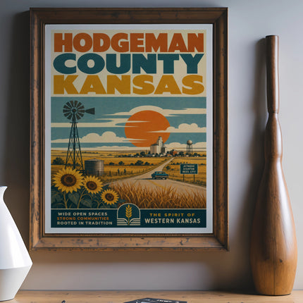 Hodgeman County Kansas travel poster with sunflowers, windmill, and text.