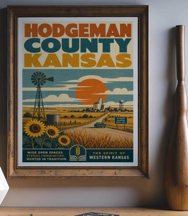 Hodgeman County Kansas travel poster with sunflowers, windmill, and text.