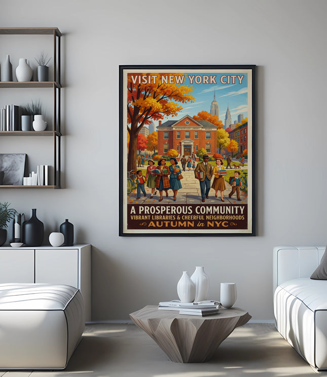 Vintage "Visit New York City" poster depicts autumn scene with library and people.