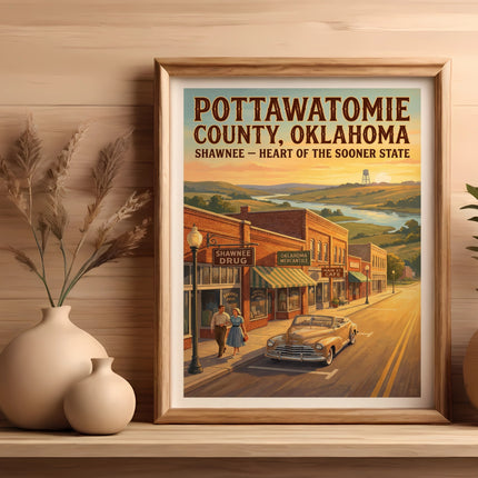 Pottawatomie County, Oklahoma vintage travel poster of Shawnee with a classic car.