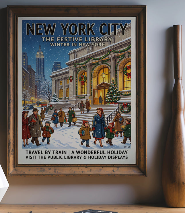 New York City festive library winter WPA poster with people and the Empire State Building.