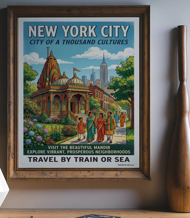 New York City poster with a colorful mandir, skyline, and people.