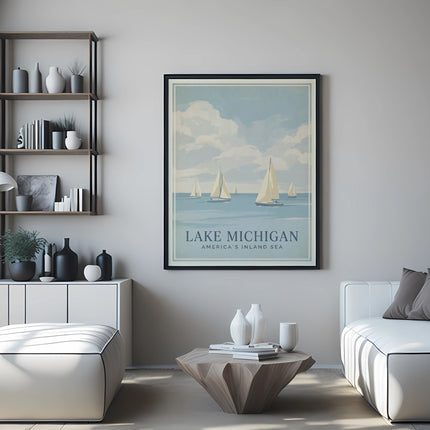 Poster of sailboats on Lake Michigan above a sectional couch and modern furniture.