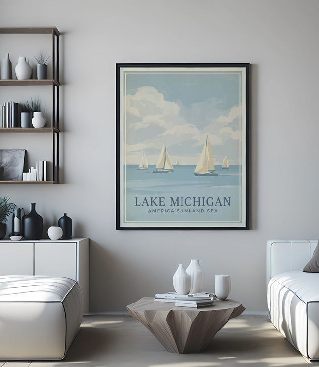 Poster of sailboats on Lake Michigan above a sectional couch and modern furniture.
