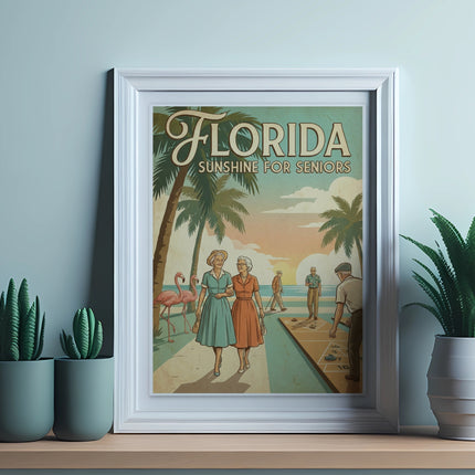 Framed "Florida Sunshine for Seniors" artwork depicts seniors playing shuffleboard near palm trees.