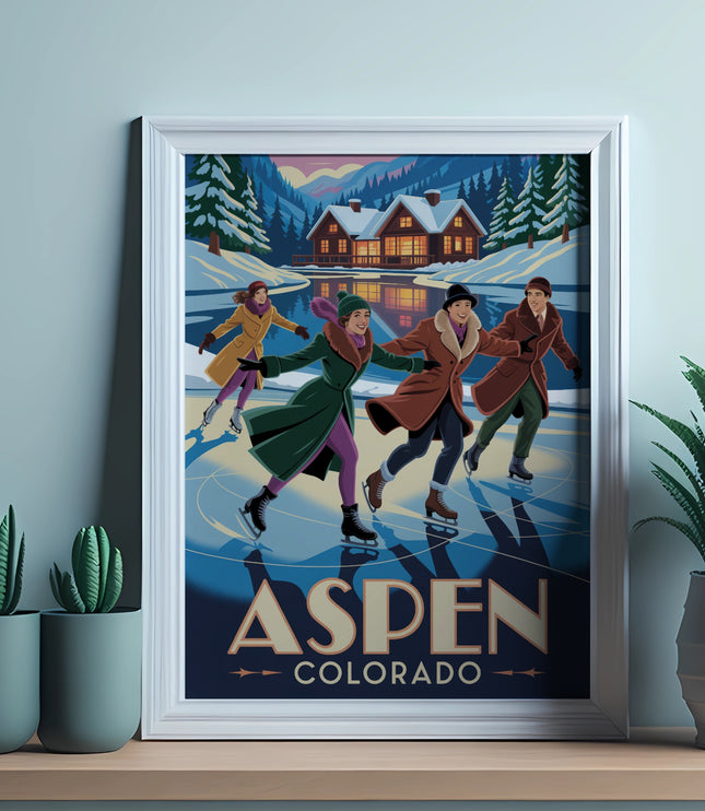 Vintage poster of people ice skating with "Aspen Colorado" text.