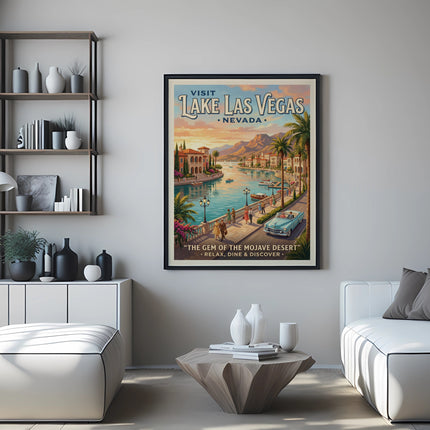 Vintage poster of Lake Las Vegas, Nevada, featuring boats and buildings along a river.