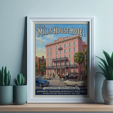 Poster of The Mills House Hotel in Charleston, South Carolina, with vintage cars and carriage.