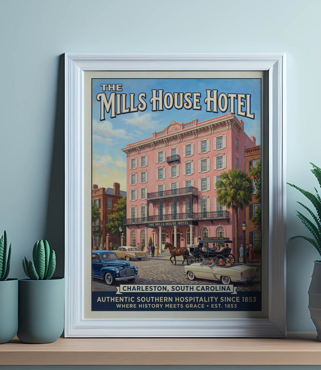 Poster of The Mills House Hotel in Charleston, South Carolina, with vintage cars and carriage.
