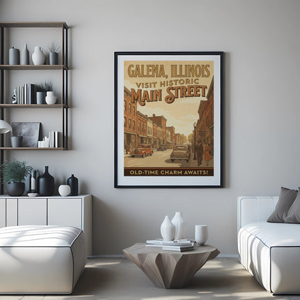 Poster of Galena, Illinois Main Street, with text "Visit Historic Main Street" and "Old-time charm awaits!".