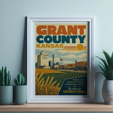 Grant County Kansas Ulysses poster with grain silo, farm field, and vintage town buildings.