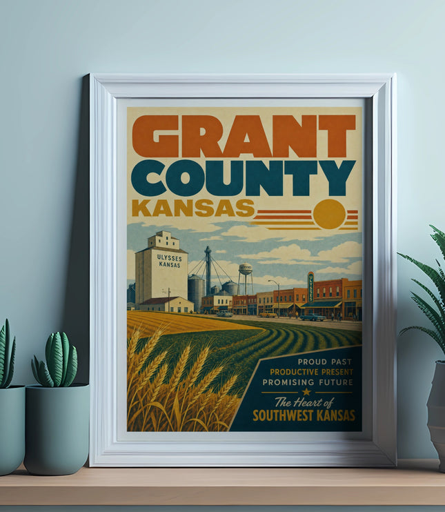Grant County Kansas Ulysses poster with grain silo, farm field, and vintage town buildings.