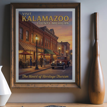 Vintage "Visit Kalamazoo County, Michigan" poster with street scene and red truck.
