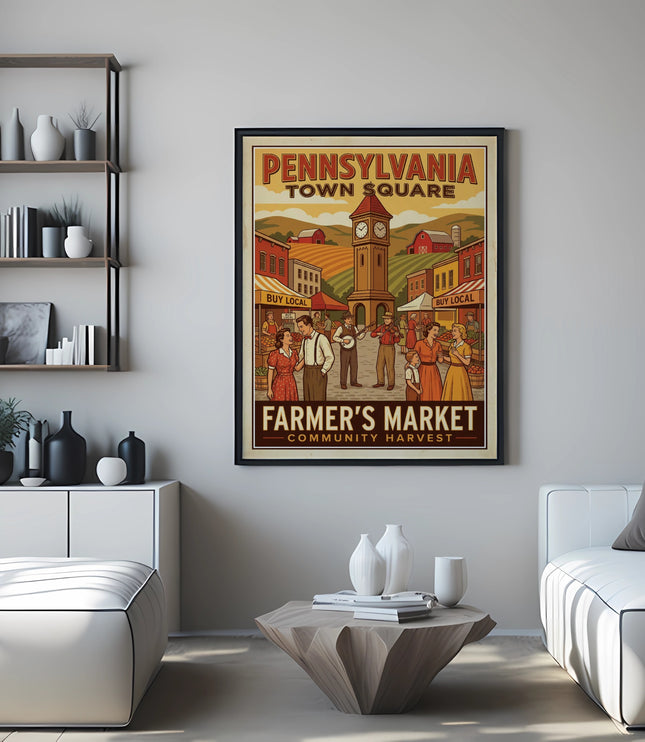 Pennsylvania Town Square Farmer's Market poster with people and produce.