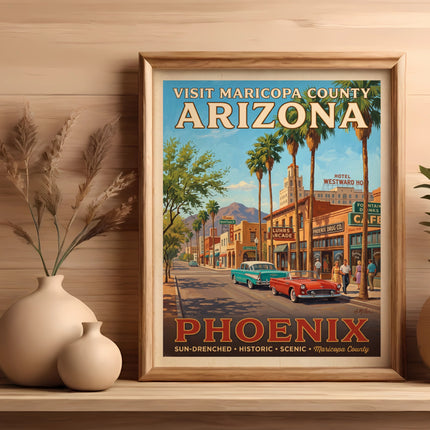 Retro travel poster of Phoenix, Arizona with vintage cars and buildings.
