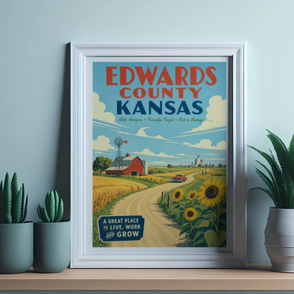 Edwards County Kansas vintage poster with farm scene and sunflowers.