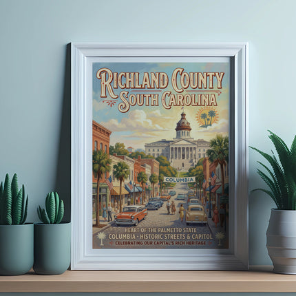 Richland County South Carolina framed art depicting the state capitol, streets, and palm trees.