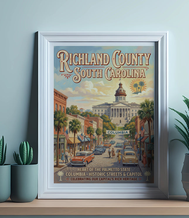 Richland County South Carolina framed art depicting the state capitol, streets, and palm trees.