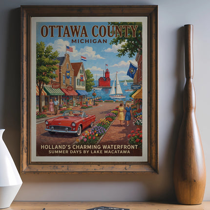 Ottawa County Michigan vintage travel poster featuring Holland's waterfront and Lake Macatawa.