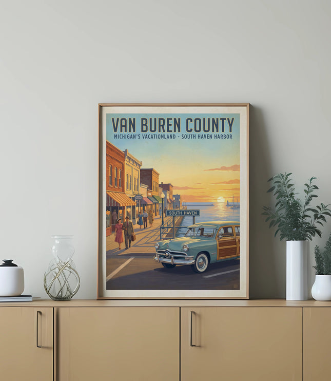 Vintage poster of Van Buren County, Michigan, South Haven Harbor at sunset with a woody car.