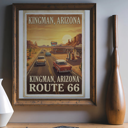 Vintage Route 66 poster featuring Kingman, Arizona diner and cars.