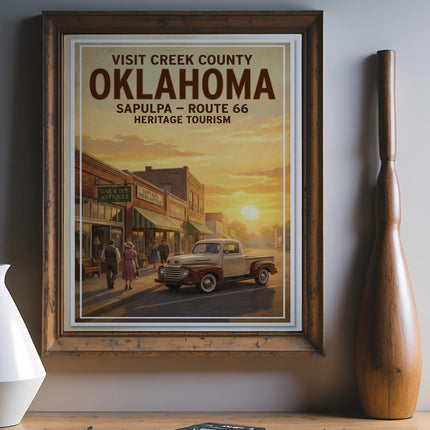 Vintage poster of Sapulpa, Oklahoma Route 66 heritage tourism with classic truck.