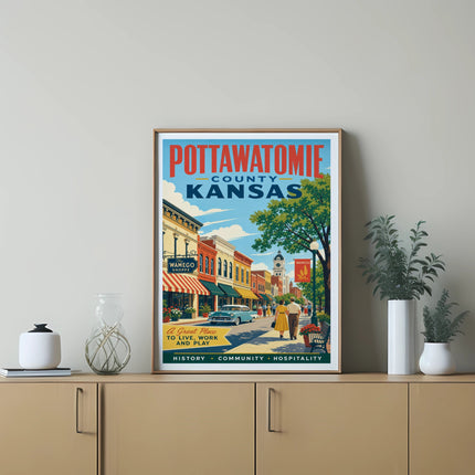Pottawatomie County Kansas poster showing Wamego main street with shops.